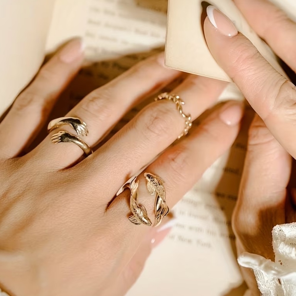 Unique Double Gold Koi Fish Ring. Adjustable Stylish open Ring 🐠 (A0-11) - Picture 5 of 9